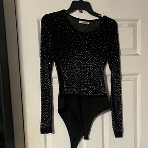 Elegant Black Rhinestone Bodysuit